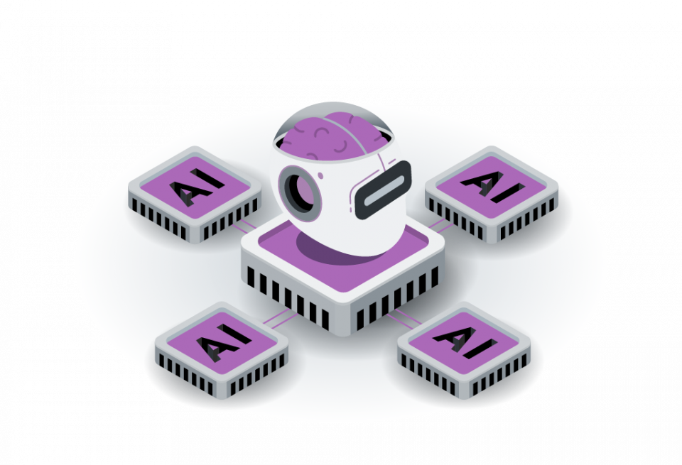 Illustration: Robot head with brain connected to A.I. chips