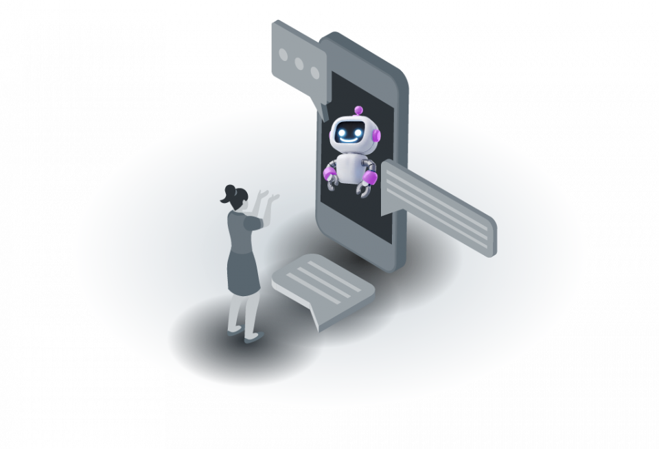 Illustration: Woman standing in front of a large smartphone with a chatbot emerging from the screen