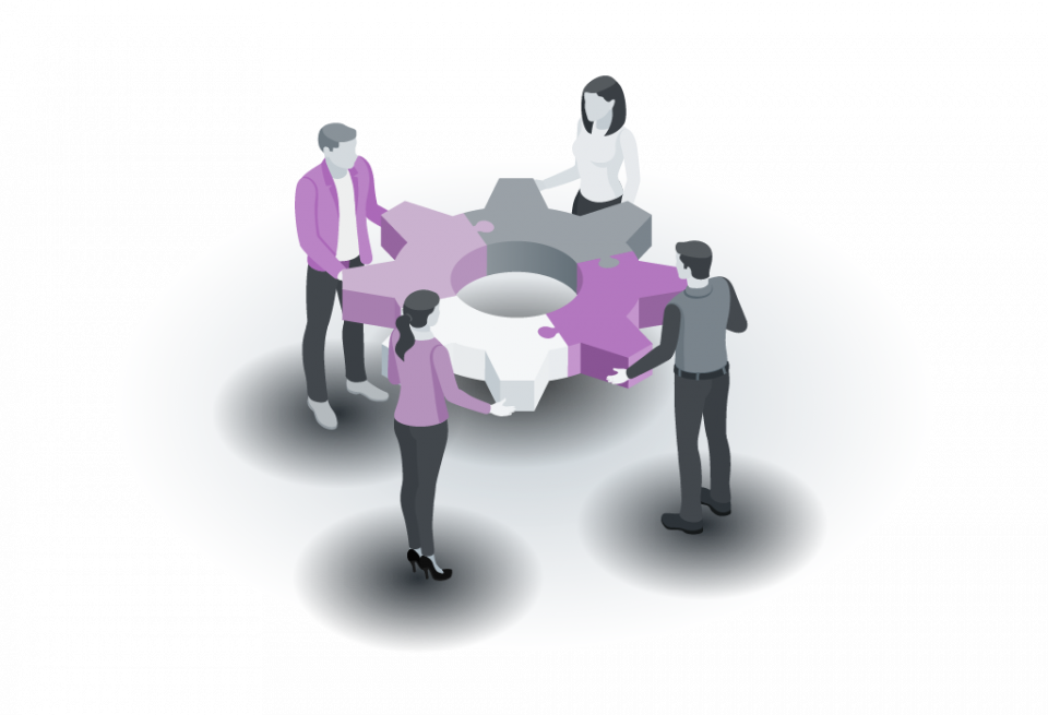 Illustration: Four people holding a gear made up of four segments